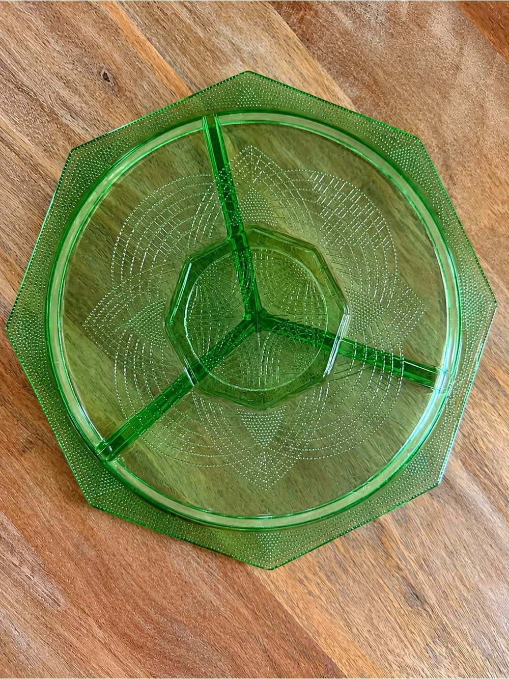 Vintage Green Glass Divided Serving Dish 11” Celtic Knot Style